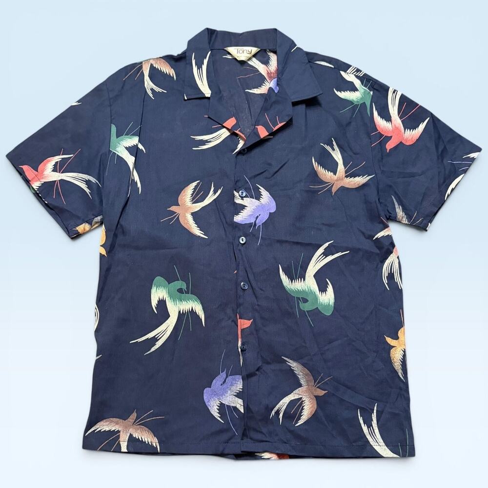 Tony Of Los Angeles Shirt Mens Large Blue Bird Print Short Sleeve Button Front